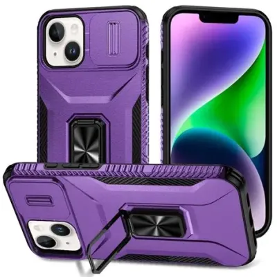 For iPhone 14/iPhone 13 Complete Magnetic Metal Ring Stand Camera Protection Hybrid - Purple