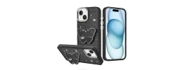 For iPhone 15 Butterfly Moveable Grip Stand With Small Diamonds  Meta Buttons HQ Hybrid - Black