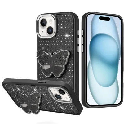 For iPhone 15 Butterfly Moveable Grip Stand With Small Diamonds  Meta Buttons HQ Hybrid - Black