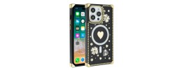 For iPhone 15 Card Holder Passion Square Chromed Heart Ornaments PU Leather Case Cover - Black