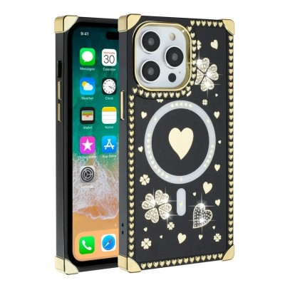 For iPhone 15 Card Holder Passion Square Chromed Heart Ornaments PU Leather Case Cover - Black