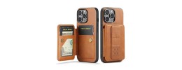 For iPhone 15 Card Holder Passion Square Chromed Heart Ornaments PU Leather Case Cover - Brown