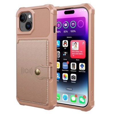 For iPhone 15 Card Holder Passion Square Chromed Heart Ornaments PU Leather Case Cover - Rose Gold
