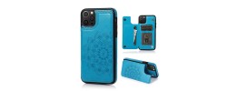 For iPhone 15 Design Wallet ID Credit Card Money Holder with Magnetic Metal Closure including Lanyard - Blue Floral