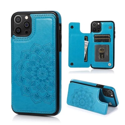 For iPhone 15 Design Wallet ID Credit Card Money Holder with Magnetic Metal Closure including Lanyard - Blue Floral
