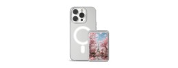 For iPhone 15 Design Wallet ID Credit Card Money Holder with Magnetic Metal Closure including Lanyard - Dark Grunge Eiffel Tower Paris Sakura Flowers