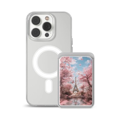 For iPhone 15 Design Wallet ID Credit Card Money Holder with Magnetic Metal Closure including Lanyard - Dark Grunge Eiffel Tower Paris Sakura Flowers