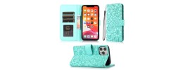 For iPhone 15 Design Wallet ID Credit Card Money Holder with Magnetic Metal Closure including Lanyard - Green Floral