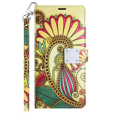 For iPhone 15 Design Wallet ID Credit Card Money Holder with Magnetic Metal Closure including Lanyard - Purple Lily