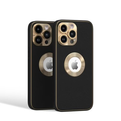 For iPhone 15 Disc Chrome Circle With Chromed Tempered Glass Screen Protector PU UV Leather Case - Black