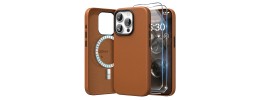 For iPhone 15 Disc Chrome Circle With Chromed Tempered Glass Screen Protector PU UV Leather Case - Brown