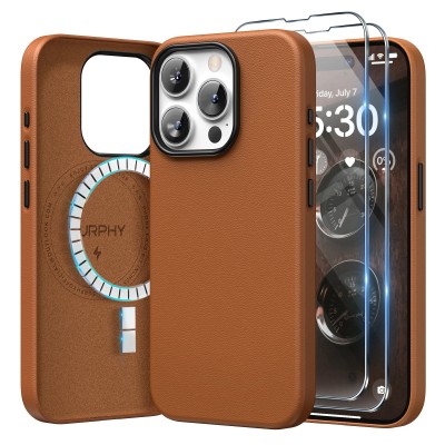 For iPhone 15 Disc Chrome Circle With Chromed Tempered Glass Screen Protector PU UV Leather Case - Brown