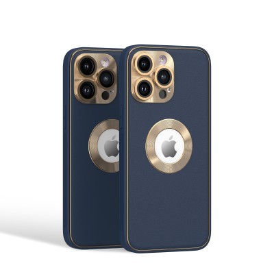 For iPhone 15 Disc Chrome Circle With Chromed Tempered Glass Screen Protector PU UV Leather Case - Dark Blue