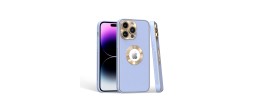 For iPhone 15 Disc Chrome Circle With Chromed Tempered Glass Screen Protector PU UV Leather Case - Light Blue