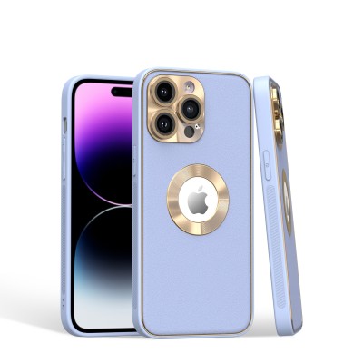 For iPhone 15 Disc Chrome Circle With Chromed Tempered Glass Screen Protector PU UV Leather Case - Light Blue
