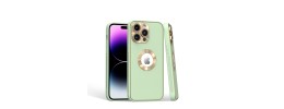 For iPhone 15 Disc Chrome Circle With Chromed Tempered Glass Screen Protector PU UV Leather Case - Light Green