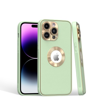 For iPhone 15 Disc Chrome Circle With Chromed Tempered Glass Screen Protector PU UV Leather Case - Light Green
