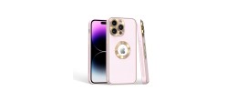 For iPhone 15 Disc Chrome Circle With Chromed Tempered Glass Screen Protector PU UV Leather Case - Light Pink