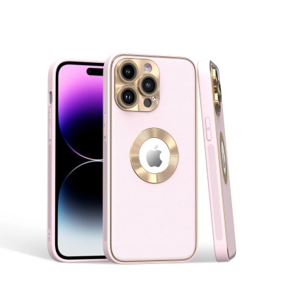 For iPhone 15 Disc Chrome Circle With Chromed Tempered Glass Screen Protector PU UV Leather Case - Light Pink