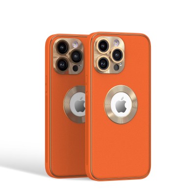 For iPhone 15 Disc Chrome Circle With Chromed Tempered Glass Screen Protector PU UV Leather Case - Orange