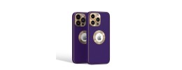 For iPhone 15 Disc Chrome Circle With Chromed Tempered Glass Screen Protector PU UV Leather Case - Purple