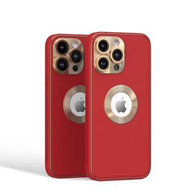 For iPhone 15 Disc Chrome Circle With Chromed Tempered Glass Screen Protector PU UV Leather Case - Red