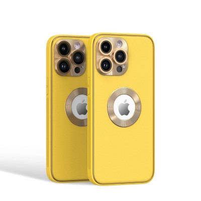 For iPhone 15 Disc Chrome Circle With Chromed Tempered Glass Screen Protector PU UV Leather Case - Yellow