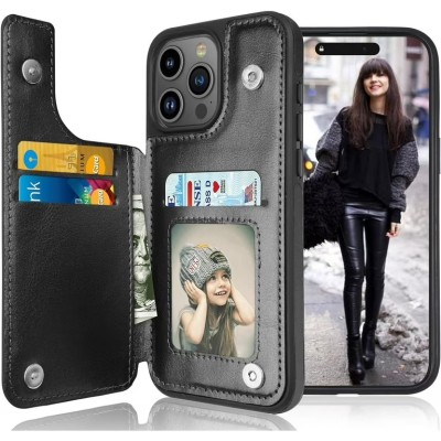 For iPhone 15 ELEGANT Wallet Case ID Money Holder Case Cover - Black