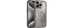 For iPhone 15 Electroplated Butterfly With Diamonds Glitter Shimmer Hybrid Case - Black