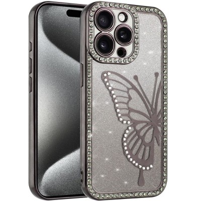 For iPhone 15 Electroplated Butterfly With Diamonds Glitter Shimmer Hybrid Case - Black