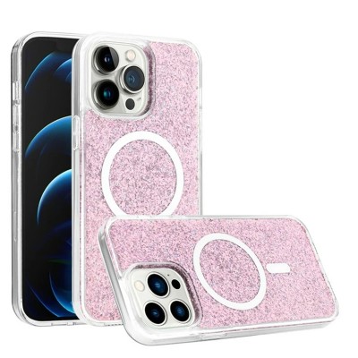 For iPhone 15 Epoxy Glitter [Magnetic Circle] ShockProof Hybrid 2.5mm Thick - Hot Pink