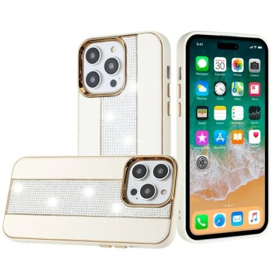 For iPhone 15 Flashy Diamond Leather Sticked On Hybrid with Chrome Camera Edge - White
