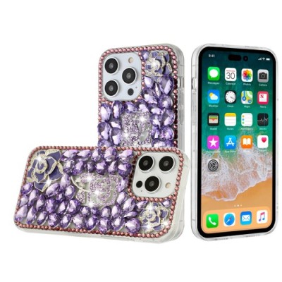 For iPhone 15 Floral Full Diamond Bling Case Cover - Purple