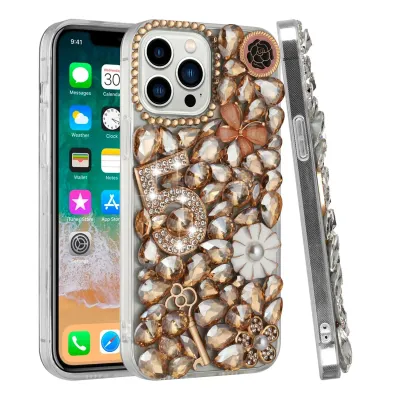 For iPhone 15 Full Diamond with Ornaments Case Cover - Gold Five Ornament Floral