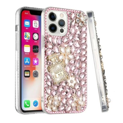 For iPhone 15 Full Diamond with Ornaments Case Cover - Pearl Flowers with Perfume Light Pink