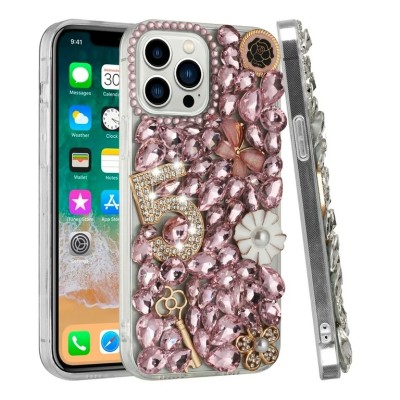 For iPhone 15 Full Diamond with Ornaments Case Cover - Pink Five Ornament Floral