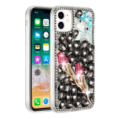 For iPhone 15 Full Diamond with Ornaments Case Cover - Smoke Exquisite Garden