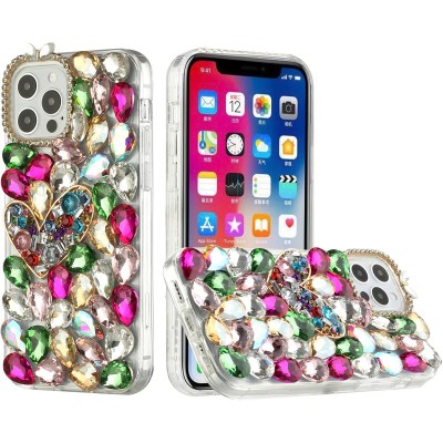 For iPhone 15 Full Diamond with Ornaments Hard TPU Case Cover - Colorful Ornaments with Heart