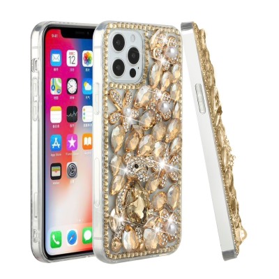 For iPhone 15 Full Diamond with Ornaments Hard TPU Case Cover - Gold Panda Floral