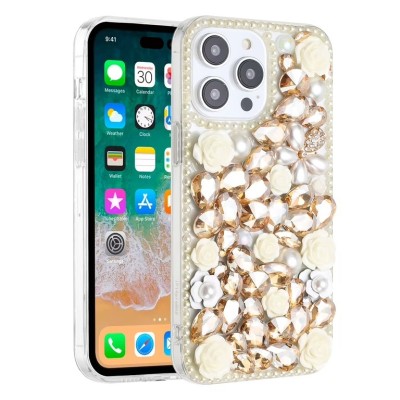 For iPhone 15 Full Diamond with Ornaments Hard TPU Case Cover - Gold Swan Crown Pearl