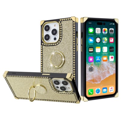 For iPhone 15 Glitter Hybrid With Ring Stand Square Heart Passion Hybrid Case Cover - Gold