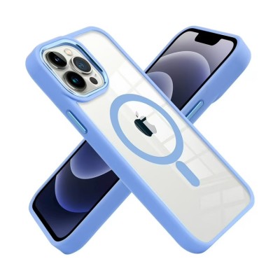 For iPhone 15 Greatest Clear Acrylic Thick Metal Button Hybrid - Light Blue