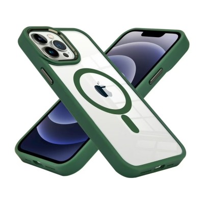 For iPhone 15 Greatest Clear Acrylic Thick Metal Button Hybrid - Midnight Green
