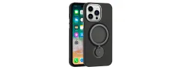 For iPhone 15 Hoop Kickstand [Magnetic Circle] HD Transparent Chrome Hybrid - Black