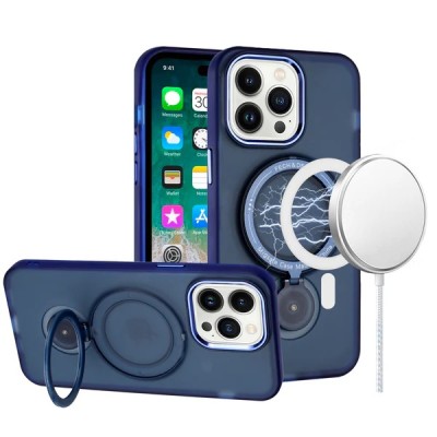 For iPhone 15 Hoop Kickstand [Magnetic Circle] HD Transparent Chrome Hybrid - Blue
