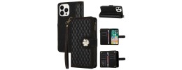 For iPhone 15 Jewel Wallet Design with Stitched PU Leather ID Card Money Holder Zipper Case - Black