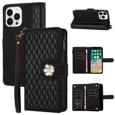For iPhone 15 Jewel Wallet Design with Stitched PU Leather ID Card Money Holder Zipper Case - Black
