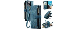 For iPhone 15 Jewel Wallet Design with Stitched PU Leather ID Card Money Holder Zipper Case - Navy Blue