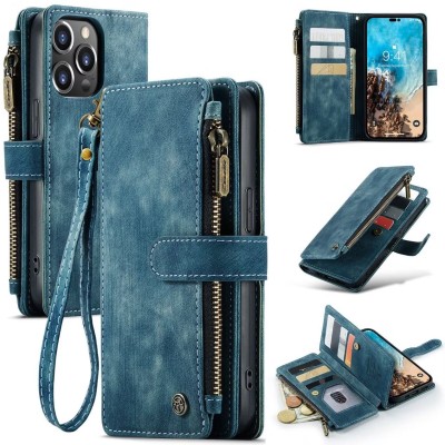 For iPhone 15 Jewel Wallet Design with Stitched PU Leather ID Card Money Holder Zipper Case - Navy Blue