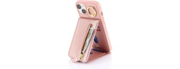 For iPhone 15 Jewel Wallet Design with Stitched PU Leather ID Card Money Holder Zipper Case - Pink